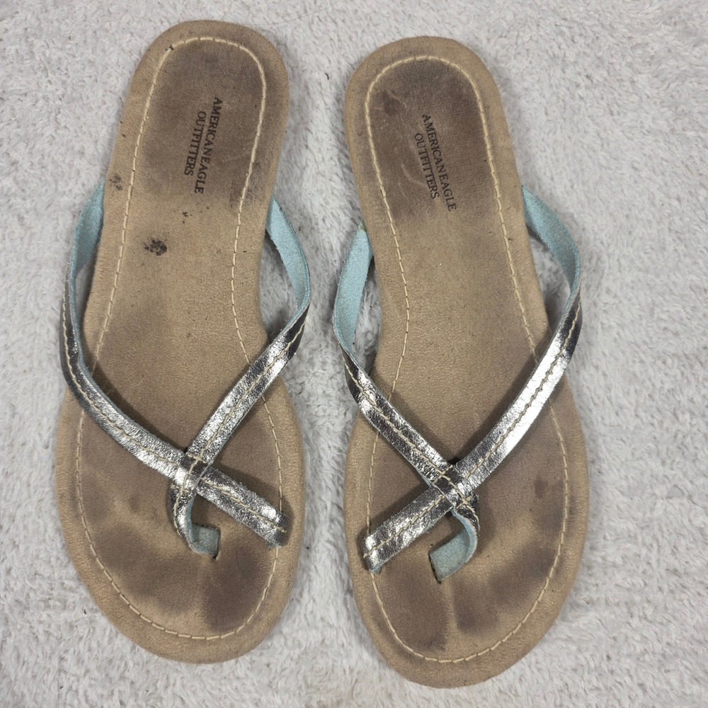 Vintage American Eagle Sandals Womens 9 Silver Tan Metallic Thong Flip Flop Boho